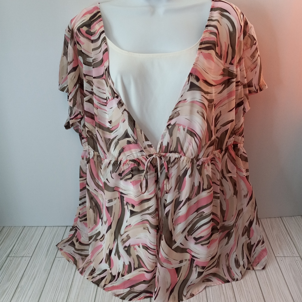 I.N. Studio Y2K Fairycore Neapolitan Pink, Cream & Brown Swirl Print Blouse
